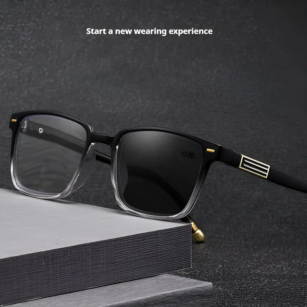 Multifocal reading glasses with colour-changing lenses and anti-blue light coating