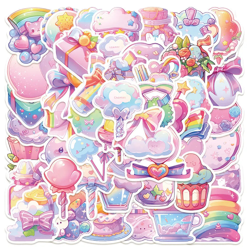 Pack of 50 colourful candy theme waterproof decorative stickers ranging from 4cm to 7cm for journal decoration