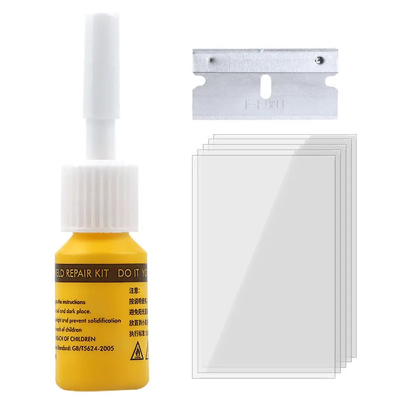 Yellow three-piece car glass repair agent tool set for windshield chip and crack repair