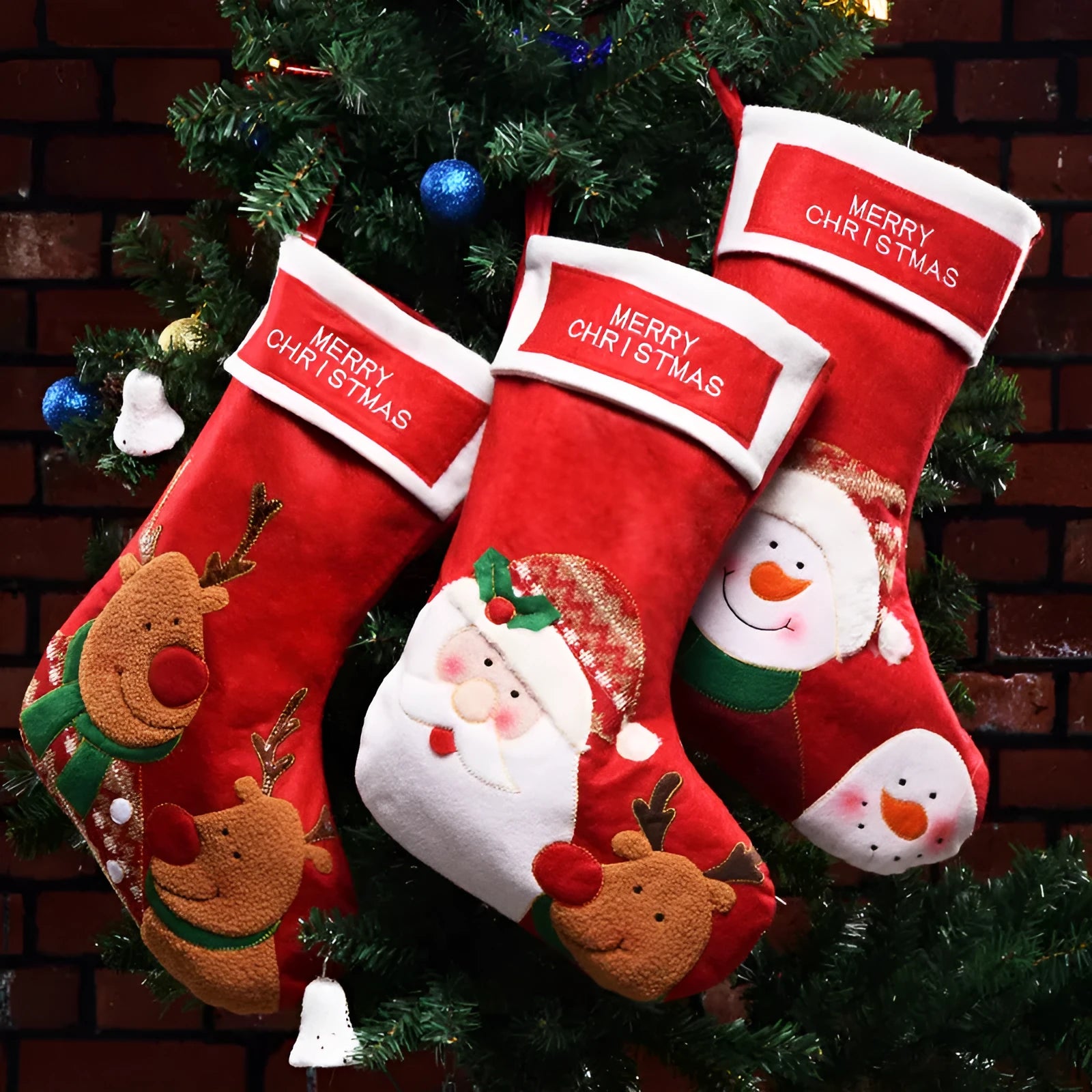 Non-woven fabric Christmas stocking decorations in Elk, Old Man, and Snowman designs.