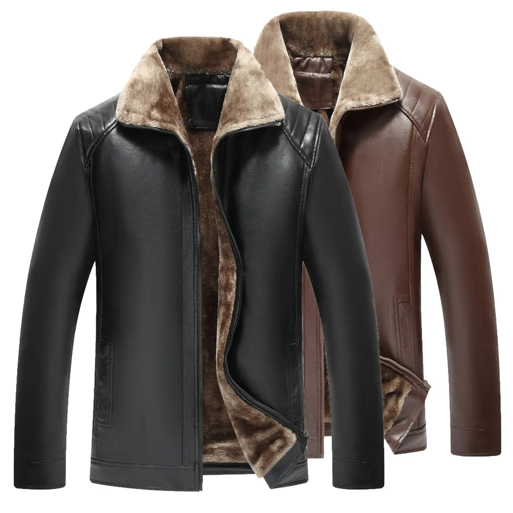 Men's fur-lined artificial leather jacket in brown, slim fit, side seam pockets