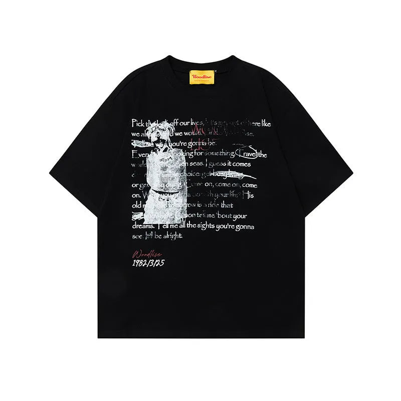 Men's black pure cotton hip hop T-shirt with white retro letter printing and raglan sleeves