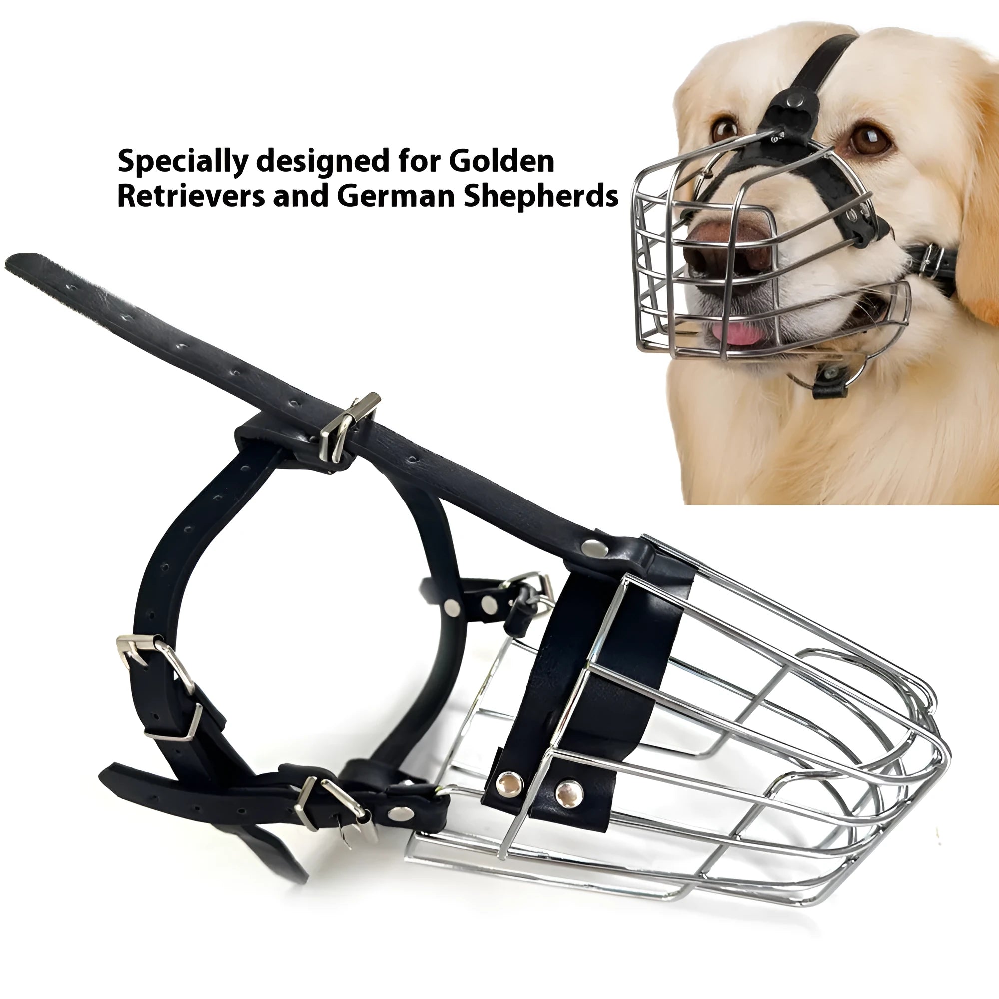 Black metal dog mouth cover designed specifically for Golden Retriever and German Shepherd breeds