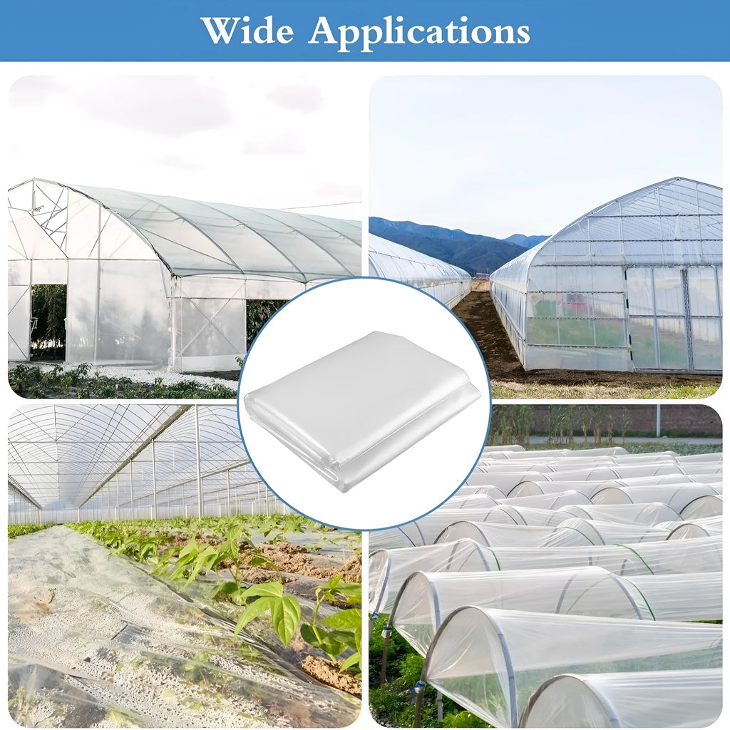 A large roll of clear plastic greenhouse cold film for vegetable shed insulation, labelled 4m x 8m.