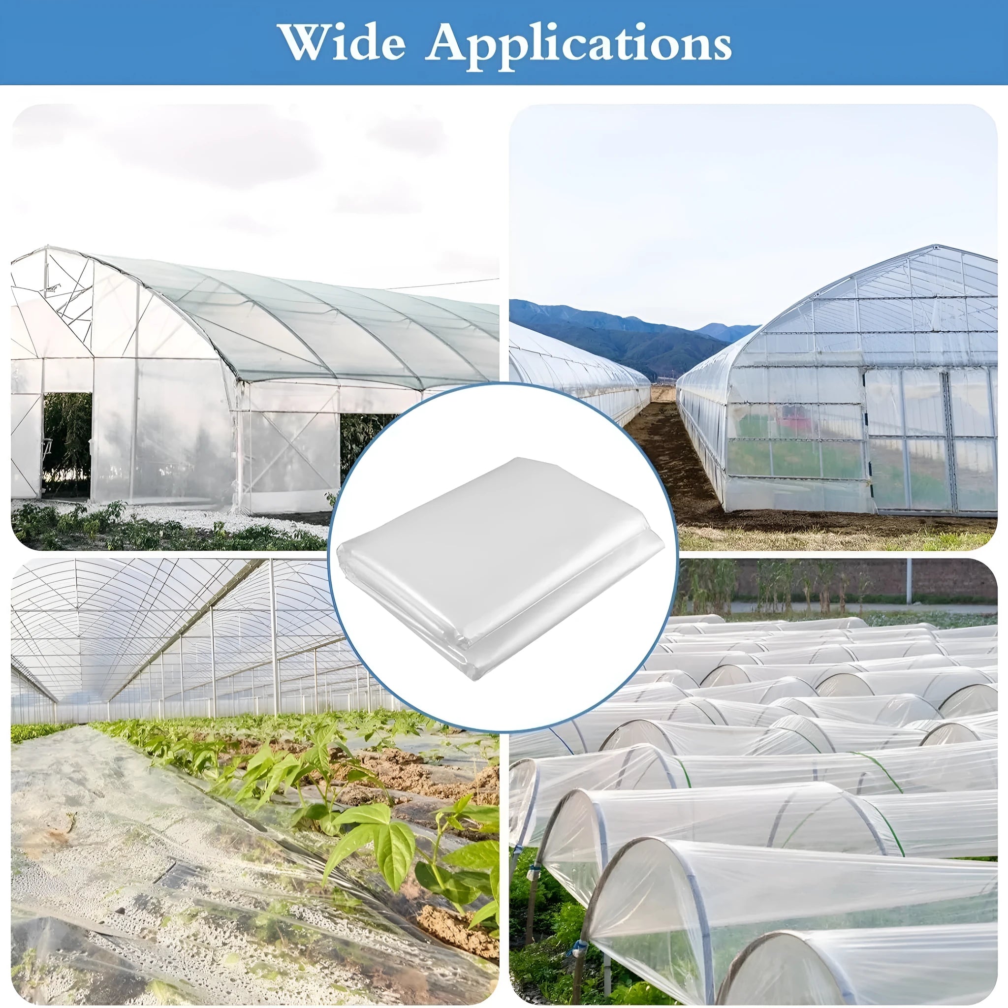 A large roll of clear plastic greenhouse cold film for vegetable shed insulation, labelled 4m x 8m.