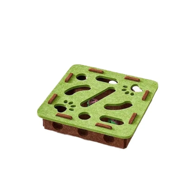 Green brown felt cat toy box with self-hi feature measuring 30cm square