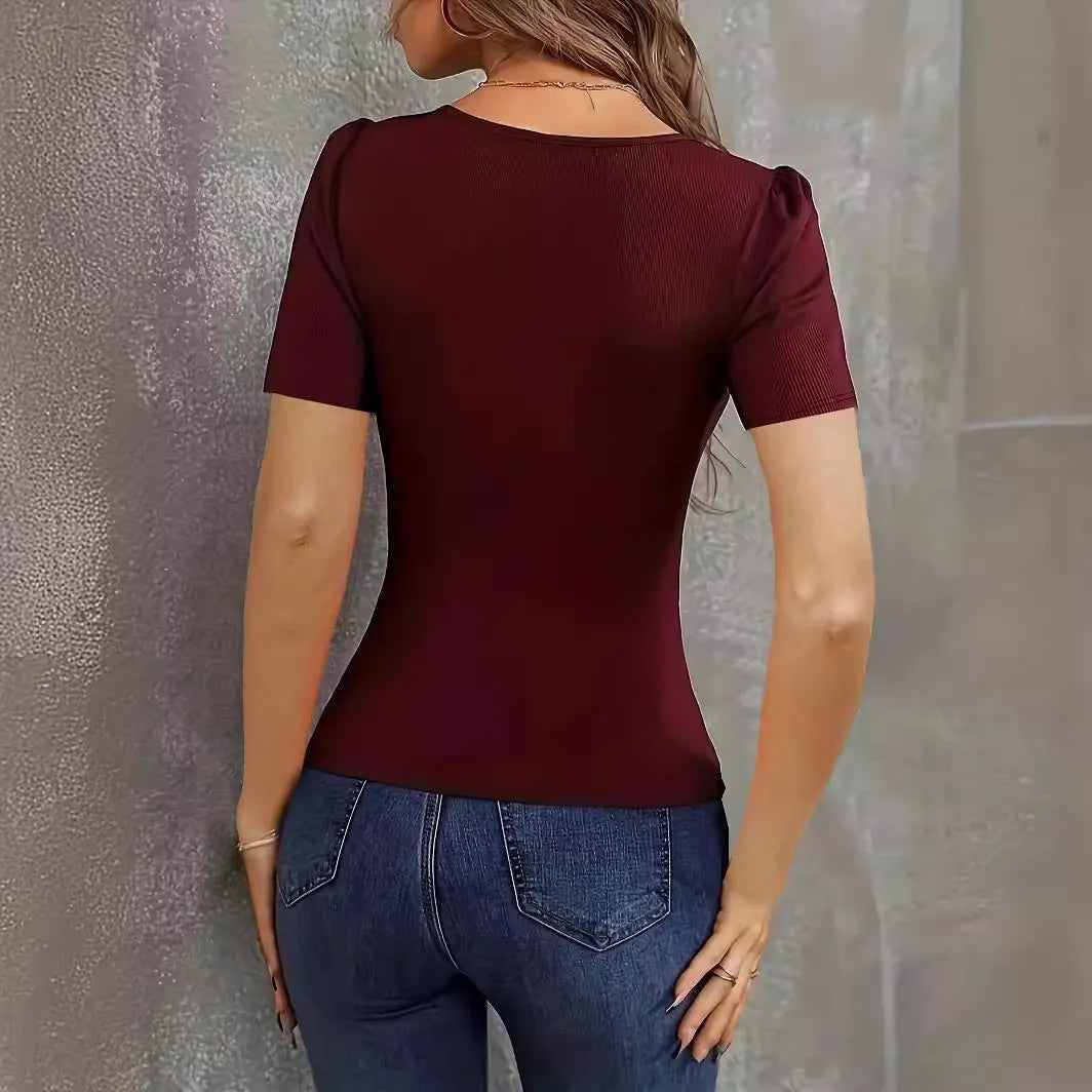 Women's slim fit knitted short sleeve top in wine red colour with low neckline design