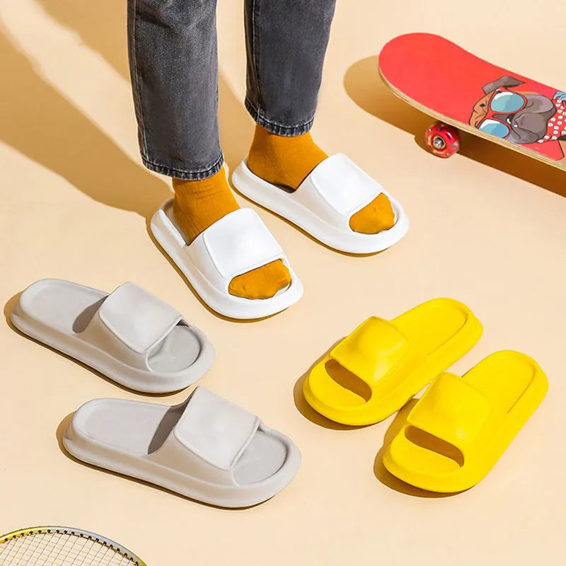 Pair of thick-soled EVA flip-flop slippers in a choice of seven colours on a white background.