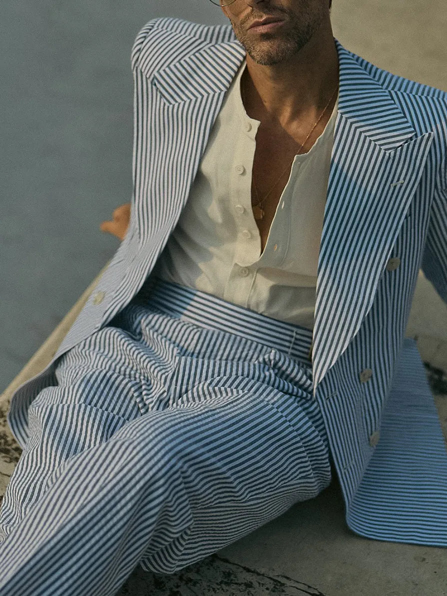 Blue and white striped polyester suit set with blazer and trousers for men