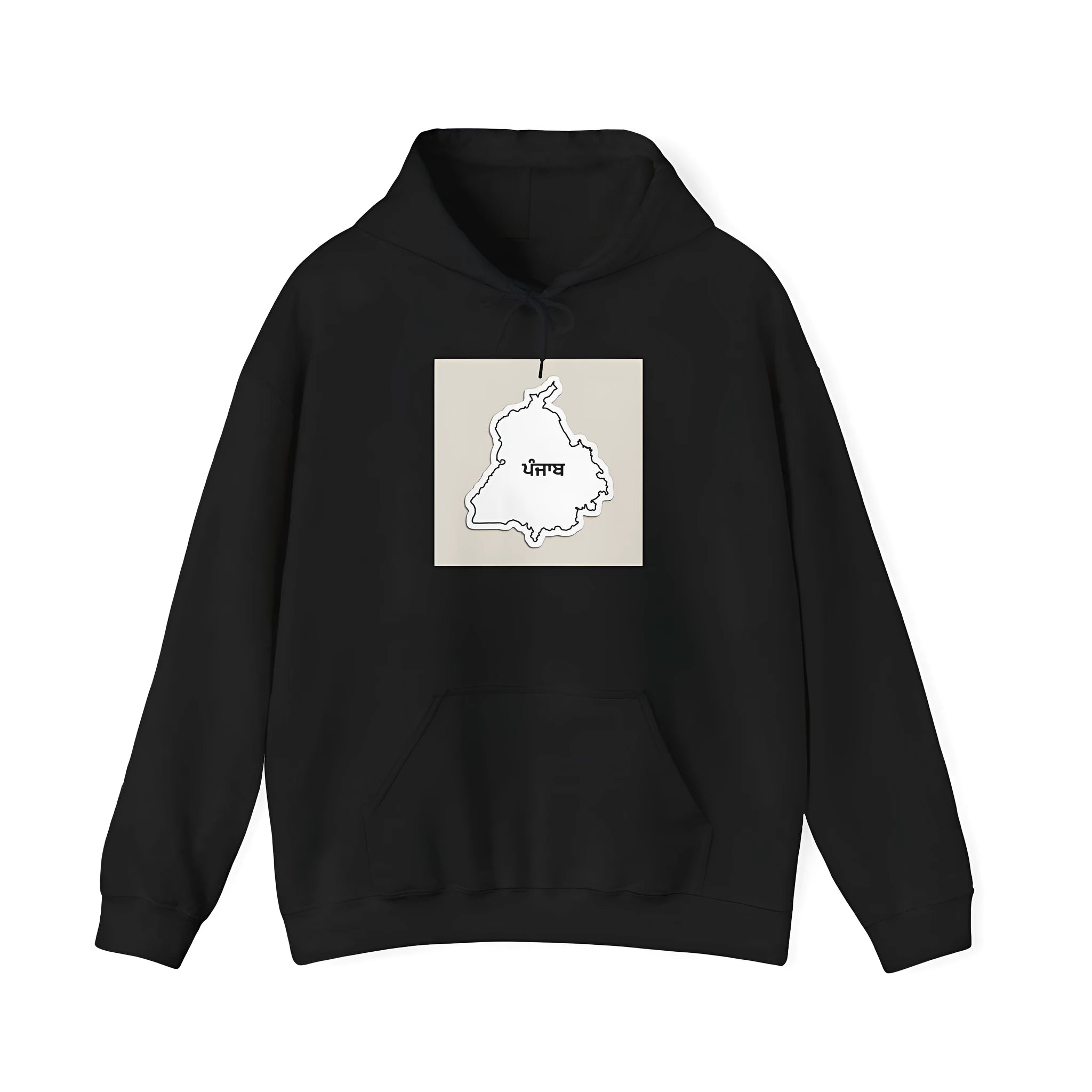 Black drop-shoulder sleeve polyester hoodie with front pocket and printing detail