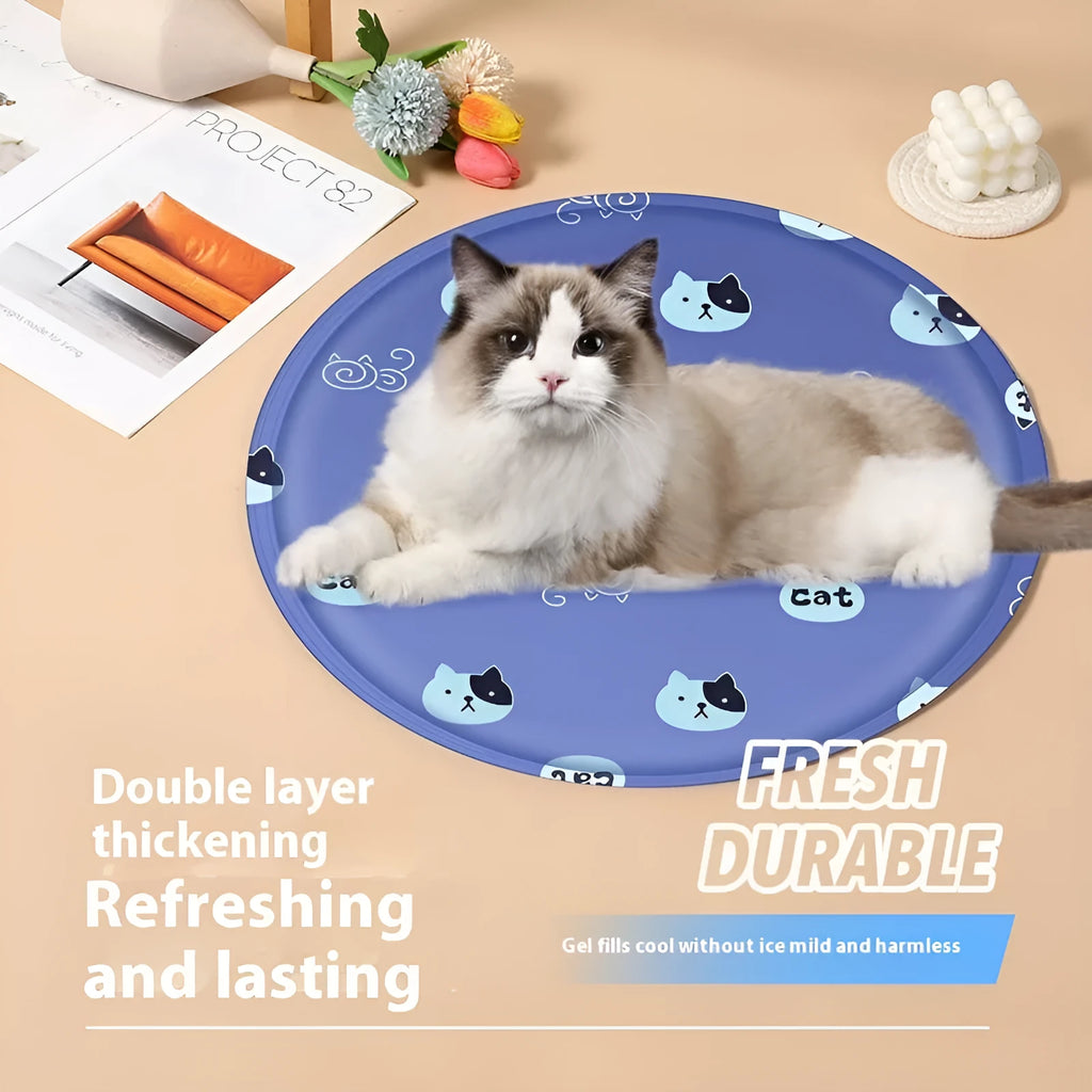 Round pet cooling mat with cartoon design options for dogs in cloth material