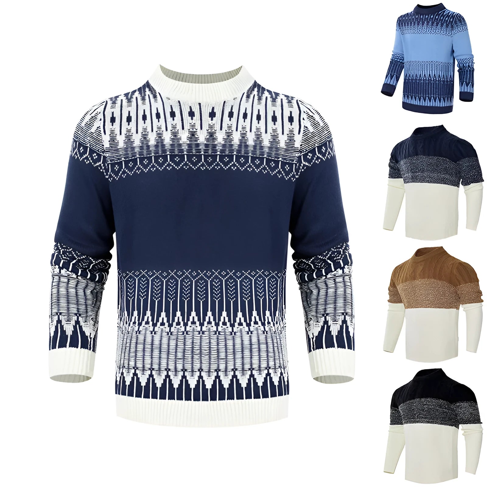 Man wearing a grey knitted crew neck pullover sweater with long sleeves.