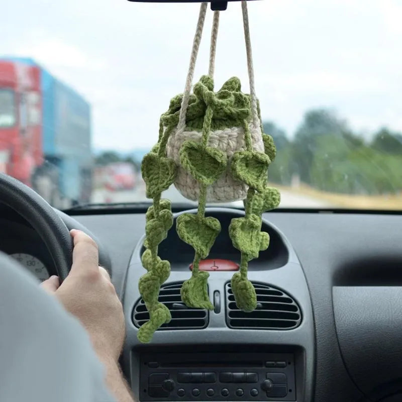 Green and white knitted car plant ornament with hanging rope for dashboard or mirror decoration