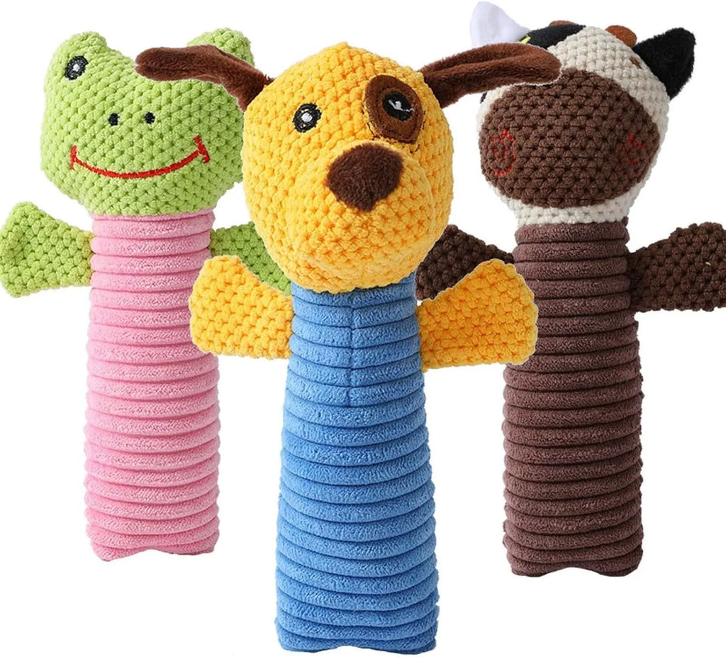 Squeaky stuffed animal dog chew toys in calf, frog and puppy designs measuring 19cm