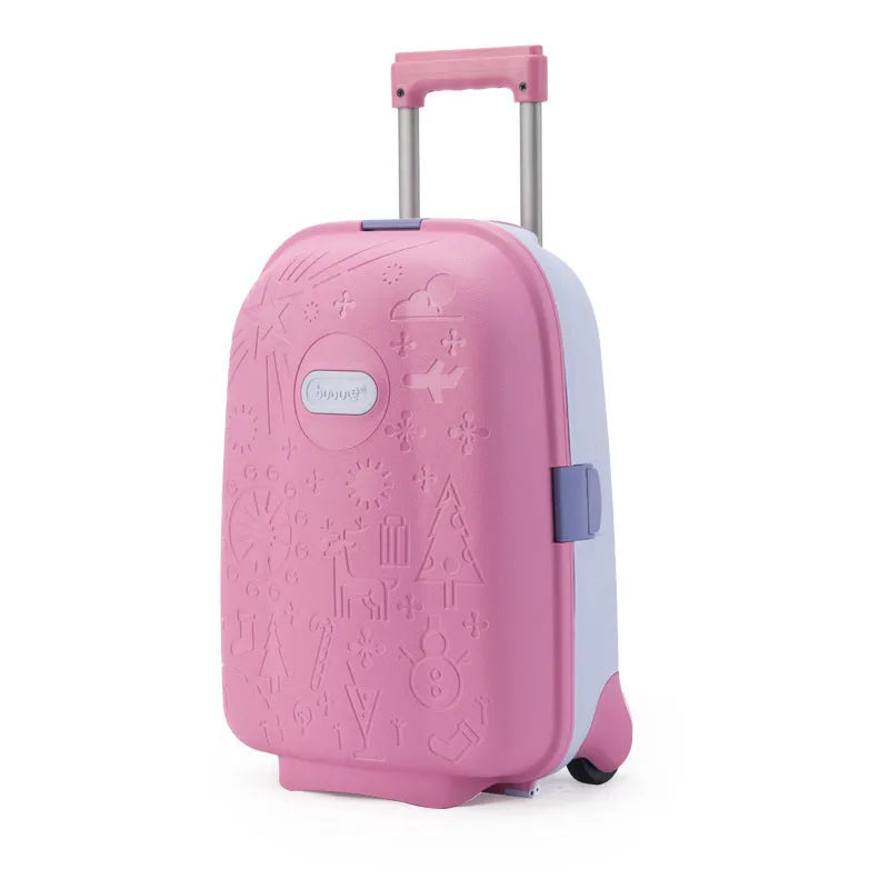 16-inch mini cartoon hard shell suitcase in printed blue with telescopic handle and single-directional wheel