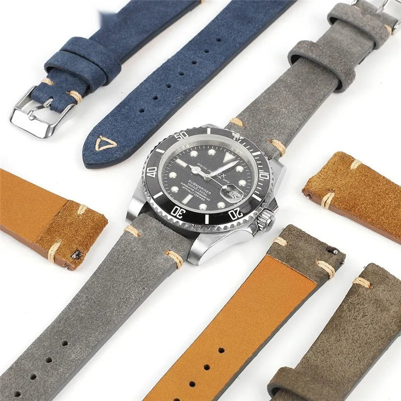 Small waist genuine suede leather watch strap in brown, blue, grey, or Army Green colours