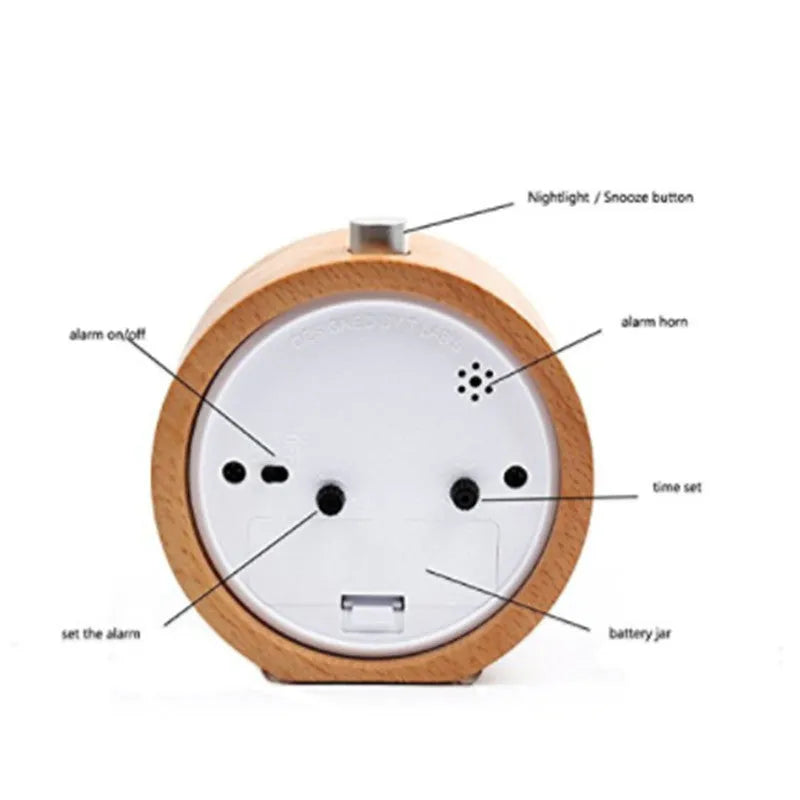 Solid beech wood student bedside alarm clock showing 9.5cm size and analogue dial.