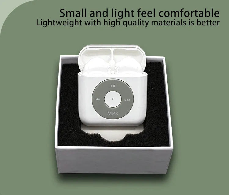 White wireless Bluetooth semi in-ear earphones and their compact charging case on a solid background.