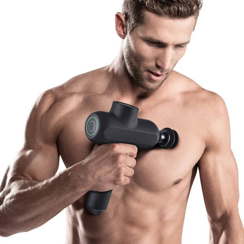 Rechargeable muscle massage gun with six different coloured massage heads on a black background.