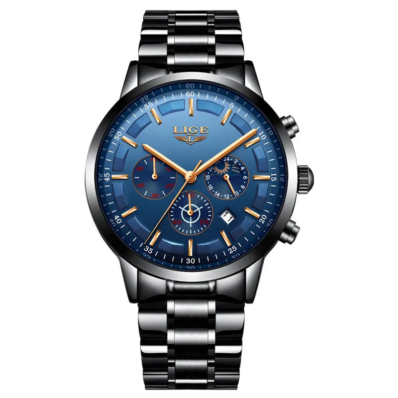 Men's black waterproof quartz sports watch with business styling on wrist