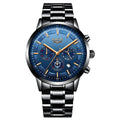 Men's black waterproof quartz sports watch with business styling on wrist