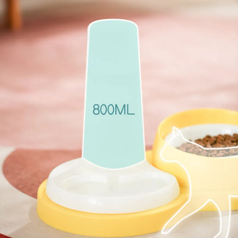 Grey and yellow dual-bowl pet feeder with stainless steel bowl for cats and dogs.