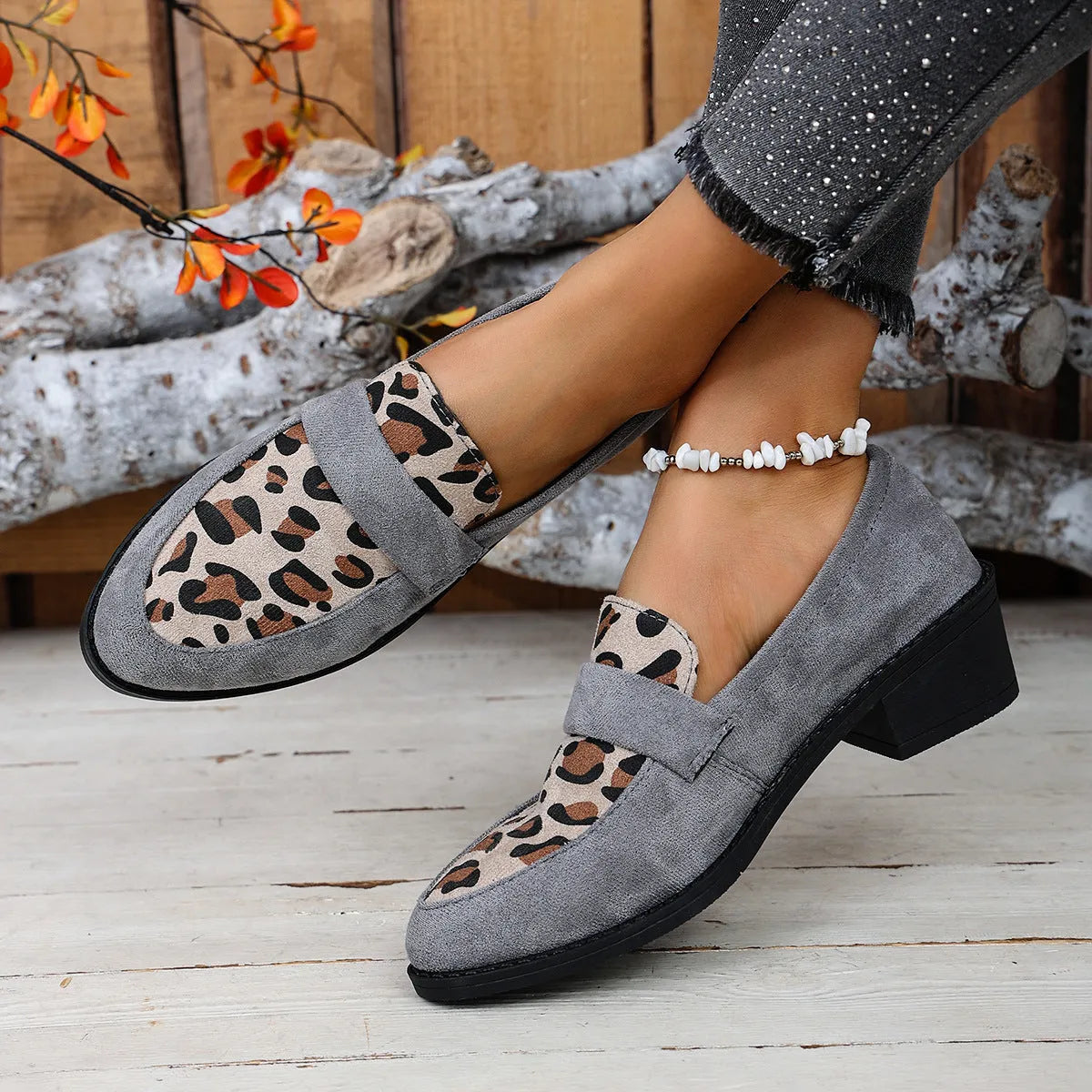 Women's leopard print slip-on pumps with pointed toe and chunky heel in brown, khaki, and pink colours
