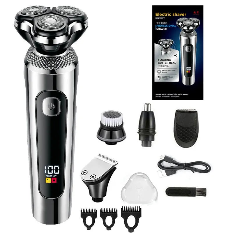 Digital USB rechargeable beard scraper with LED display and floating cutter head on charging base