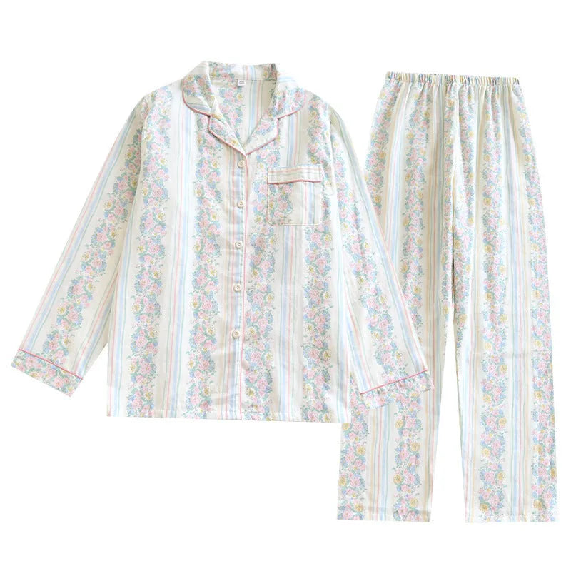 Japanese sweet ladies' cotton gauze homewear set with long sleeves and trousers in striped or fruit print