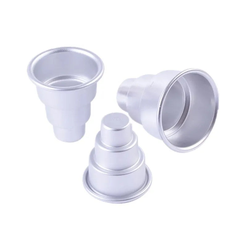 Three silver aluminium alloy cake moulds in large, medium and small sizes for tiered baking