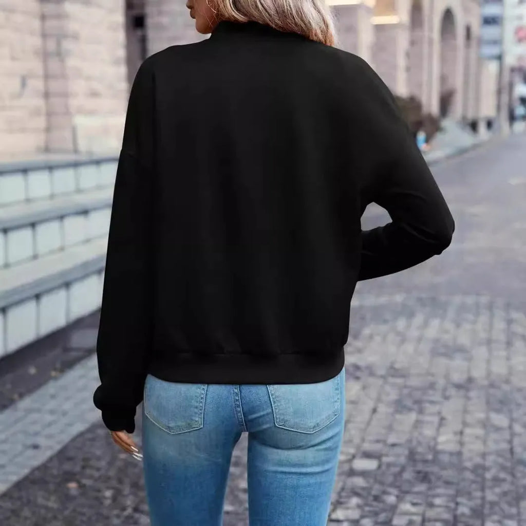 Black women's long sleeve zip-up casual jacket with faux pockets
