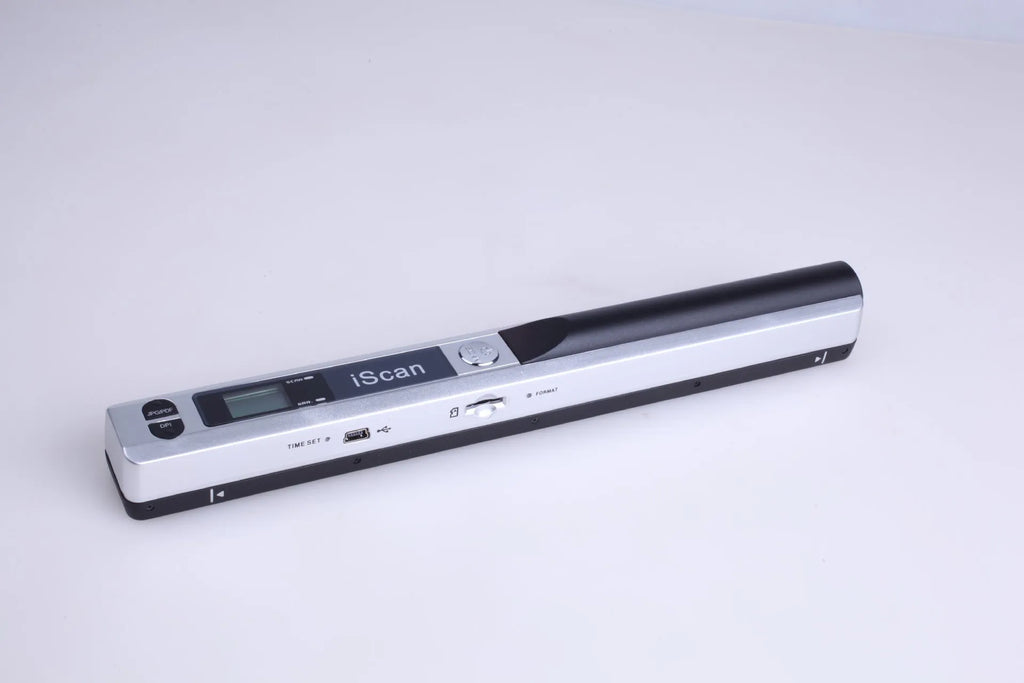 Handheld USB barcode scanner in choice of five colours: black, blue, green, red, silver.