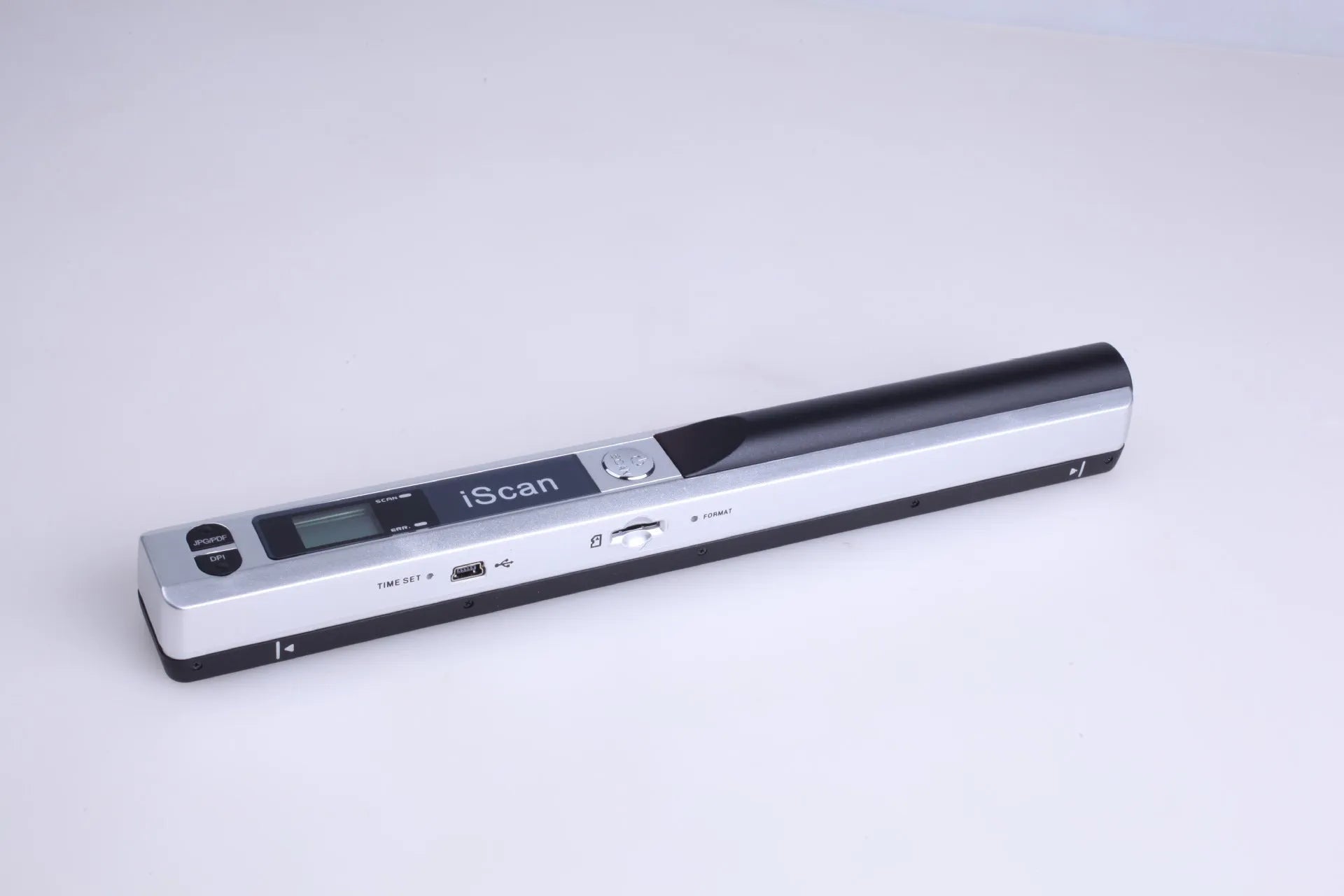 Handheld USB barcode scanner in choice of five colours: black, blue, green, red, silver.