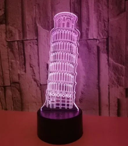 3D acrylic Leaning Tower of Pisa LED nightlight with seven colour options on black base