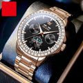 Men's automatic mechanical watch with stainless steel strap, diamond-embedded dial, and transparent case back showing movement