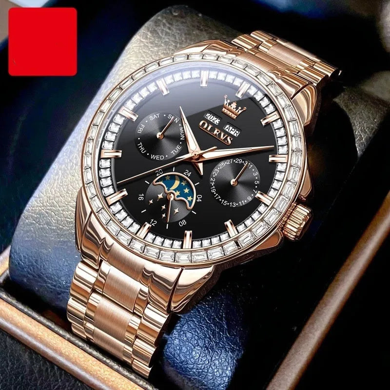 Men's automatic mechanical watch with stainless steel strap, diamond-embedded dial, and transparent case back showing movement