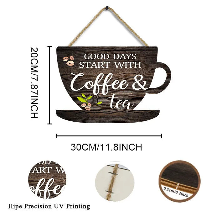 American country retro coffee cup wooden wall hanging with UV print, 30x20cm, for kitchen or restaurant decor