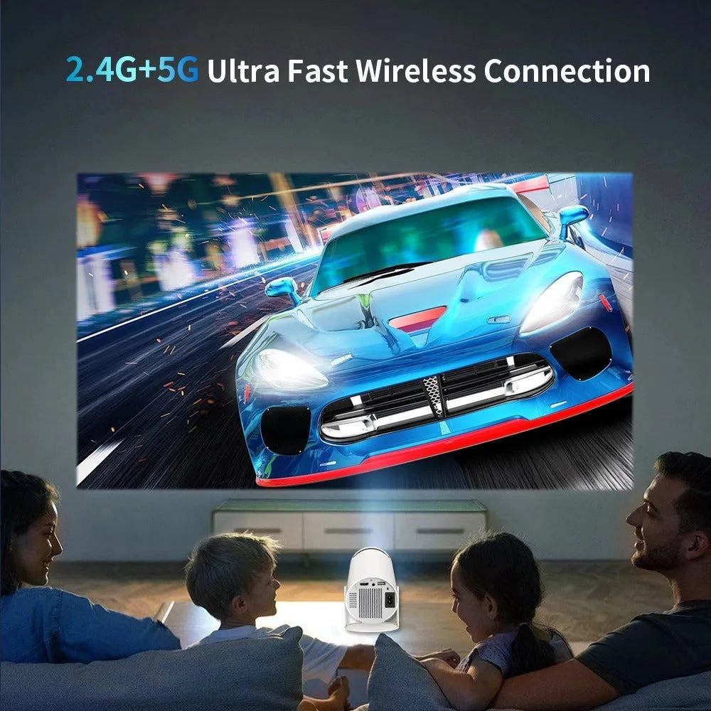 White X10 PLUS portable home smart projector with gamepad and remote control on a table.