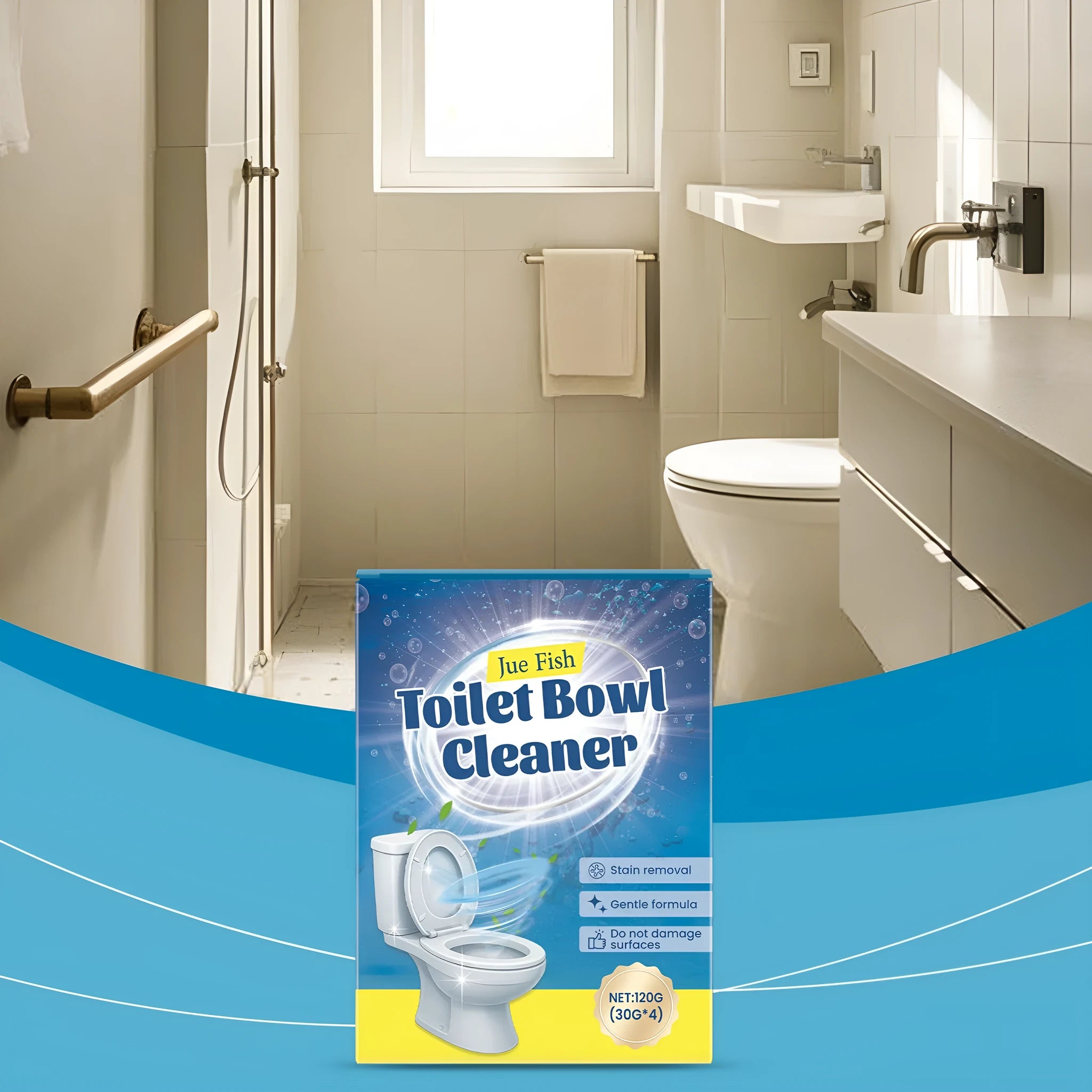 Pack of four 30g sachets of toilet cleaning powder with descaler and stain remover, total 120g.