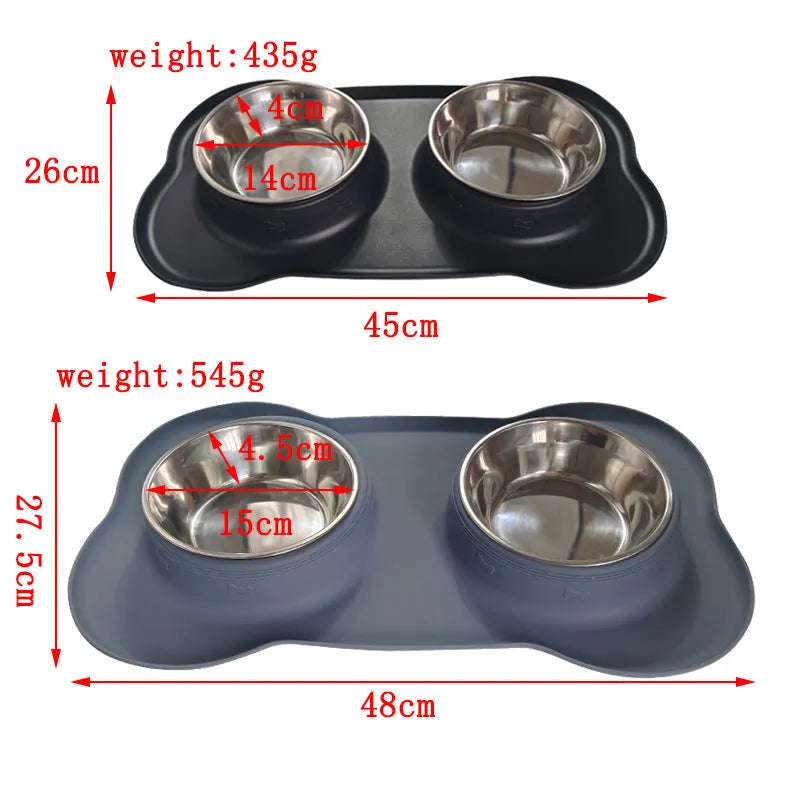 Large silicone double dog bowl with stainless steel inserts in blue colour