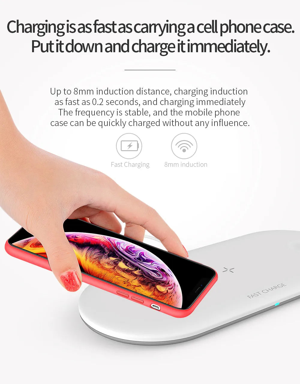 Black three-in-one wireless charging station for Apple Watch, iPhone and AirPods on a desk.