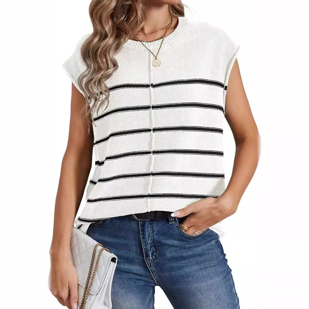 Women's striped sleeveless pullover top with bone stitching seam detailing in multiple colour options
