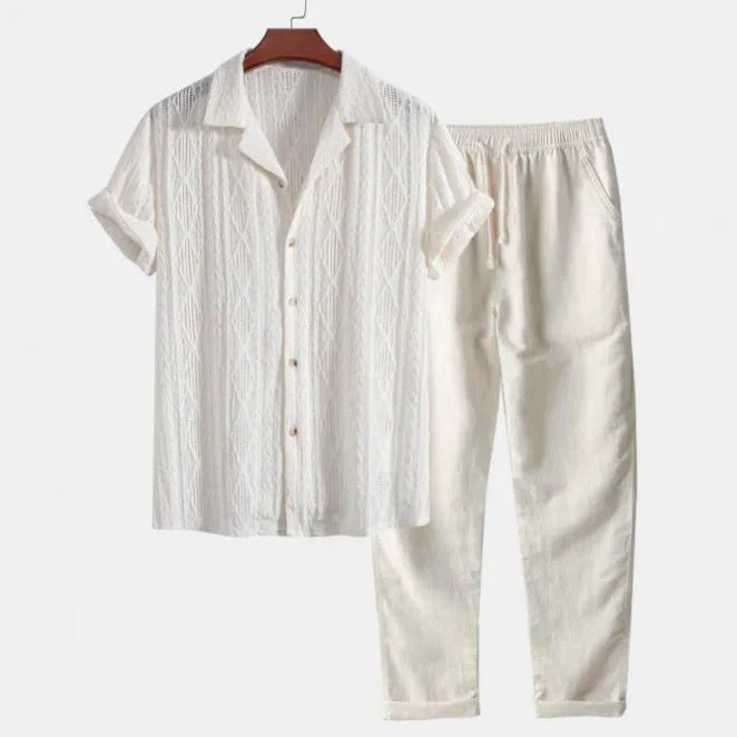 Men's slim fit camouflage print short sleeve cardigan shirt and matching trousers casual set