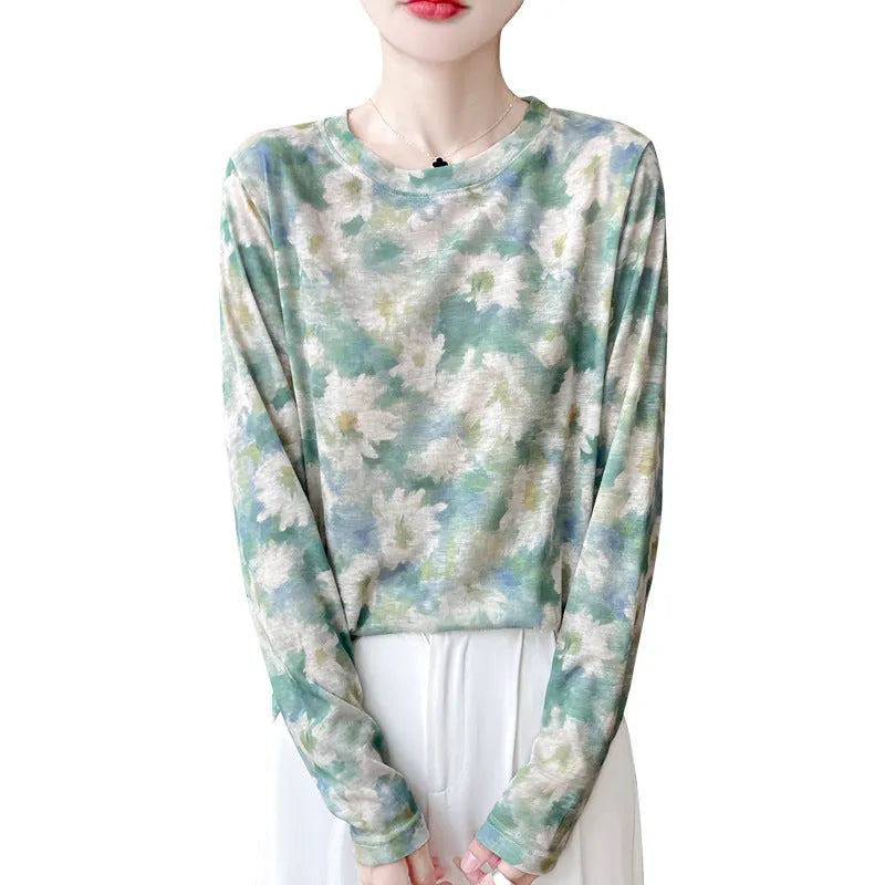 Tencel cotton round neck pullover with floral print in Asian sizes M to XXL