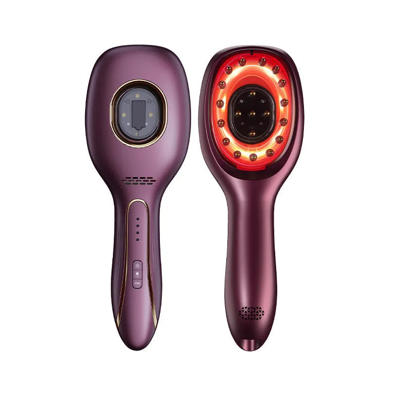 Red and blue LED hair growth comb with USB charging cable, available in pink, purple, and white colours, 82x235x41mm