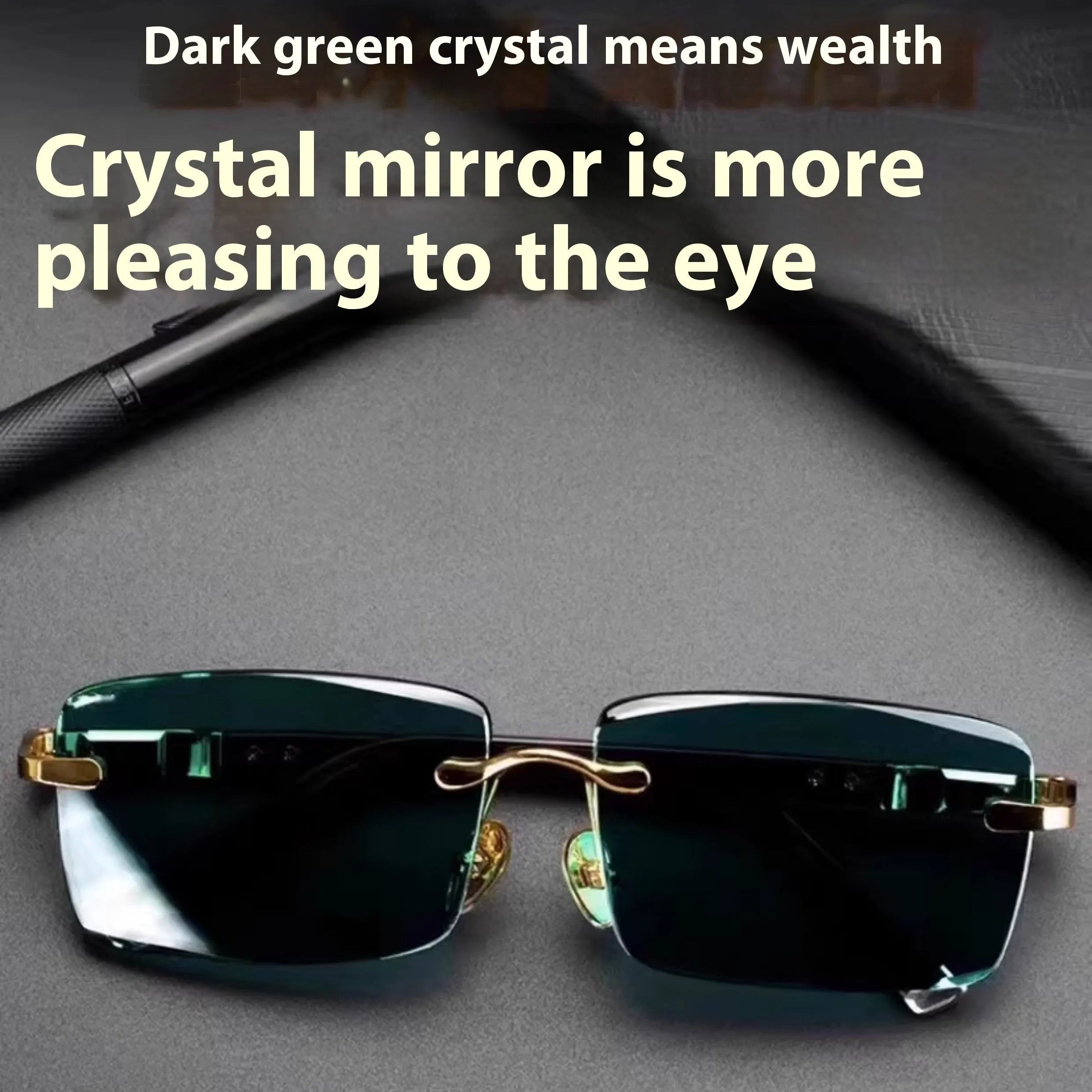 Frameless dark green crystal sunglasses shown with a glasses case and a lens cloth.
