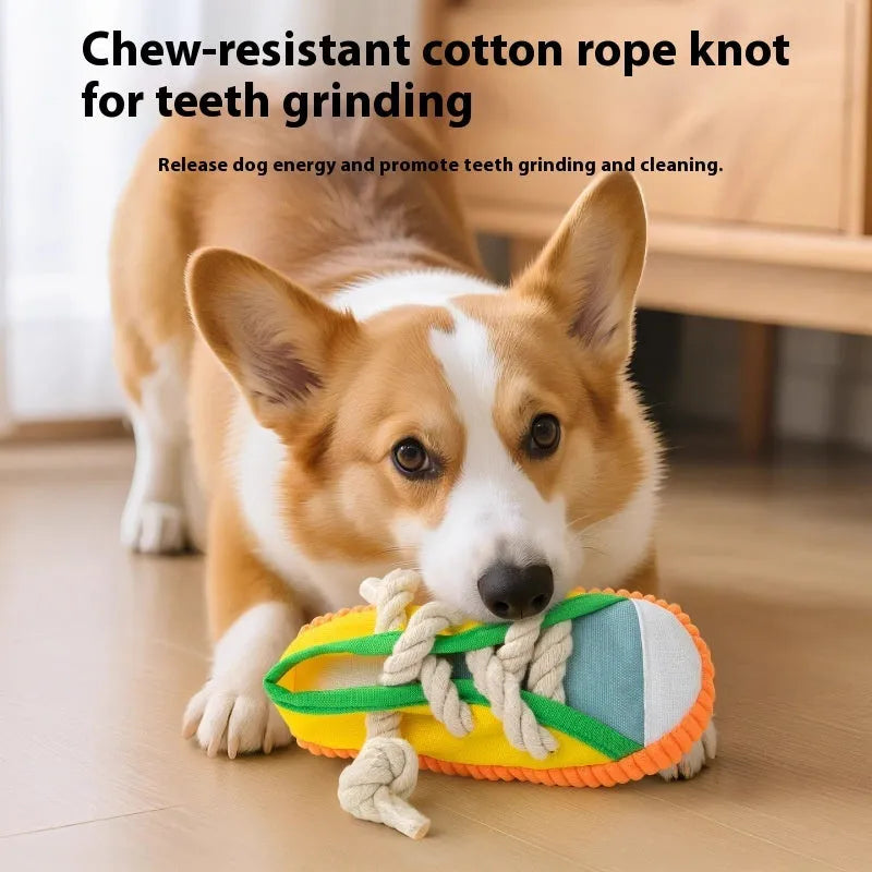 Plastic dog chewing toy with slippers design in choice of three colours for molar relief