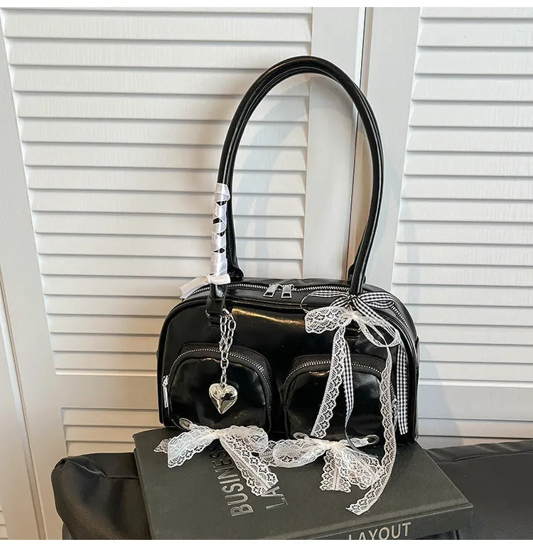 Beige PU casual shoulder bag with horizontal square shape and double shoulder straps