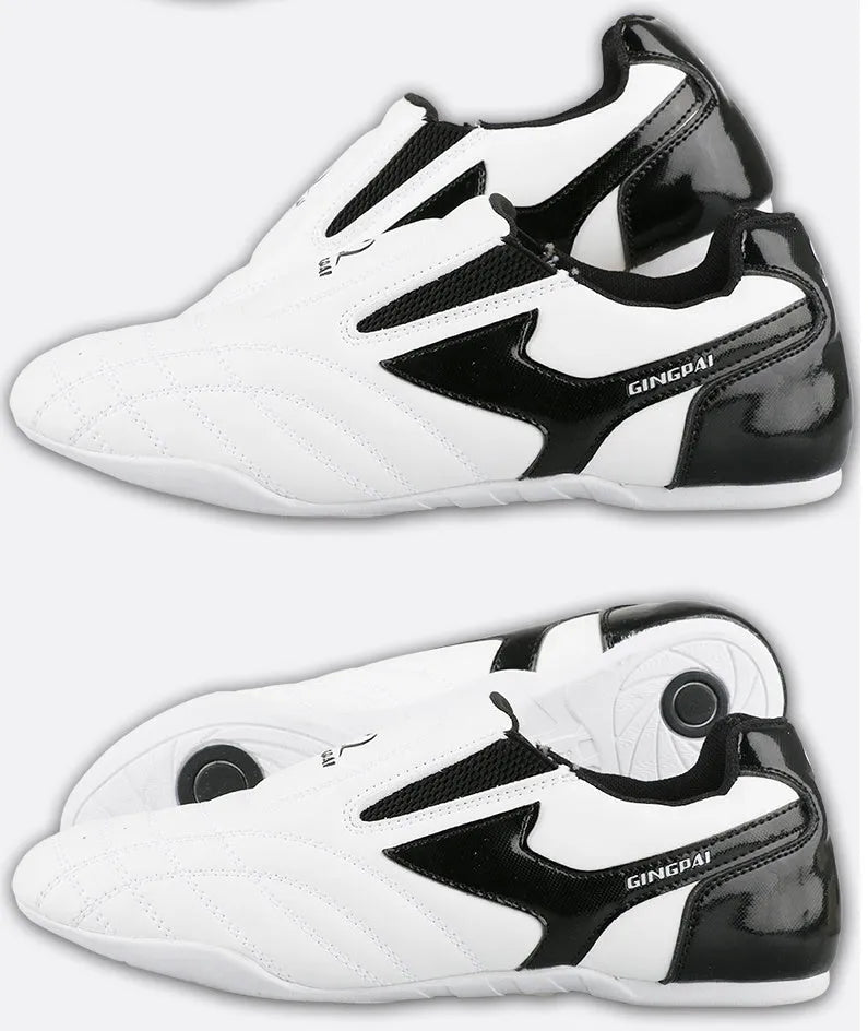 Black and white children's professional martial arts training shoes with soft bottom design