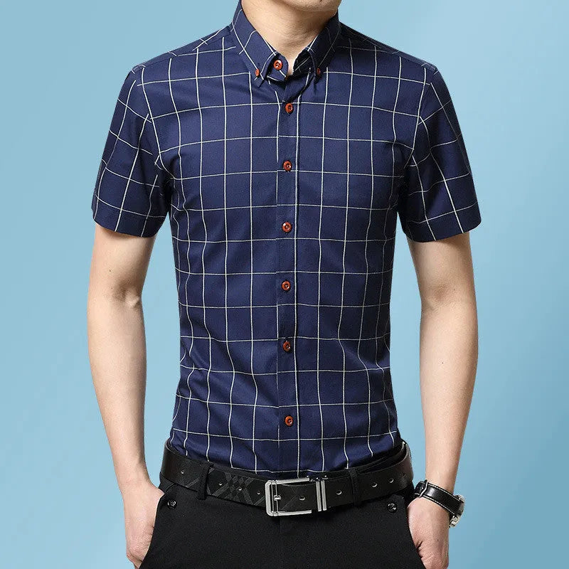 Men's casual short sleeve plaid shirt in red, slim fit cardigan style, cotton polyester blend